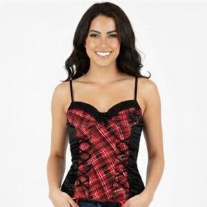 VTG Morbid Threads Goth Black Red Plaid Corset Bustier Top 36C Y2K Whimsigoth